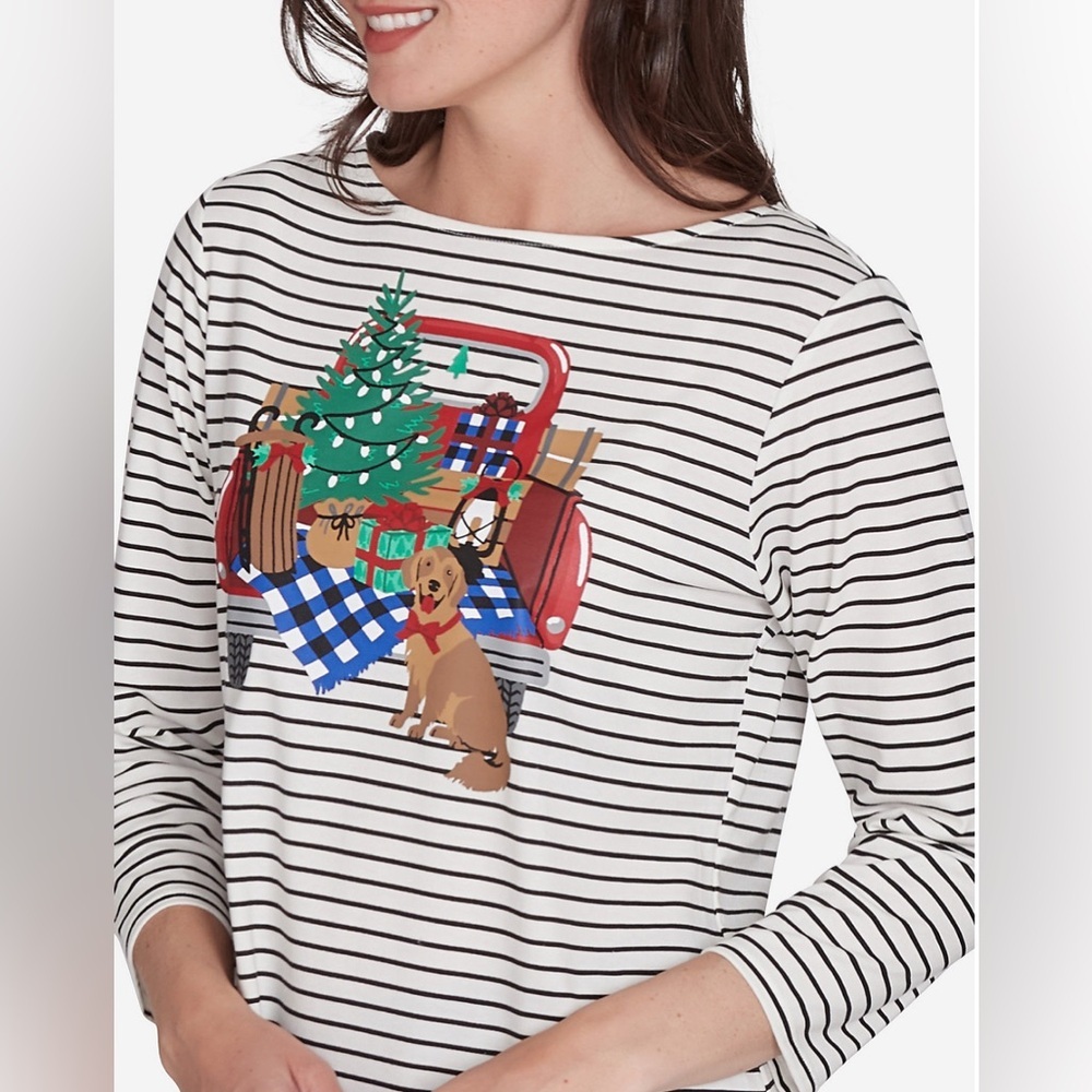 NWT Women Ruby Rd. Scoop Neck Holiday truck dog Motif Stripe Top Small Christmas